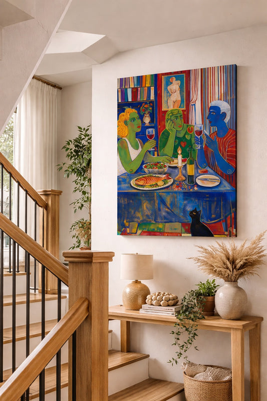 Tableau deco salon dîner bohème en intérieur
