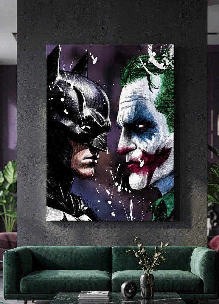 Œuvre graphique contemporaine célébrant l'affrontement légendaire entre Batman et Joker
