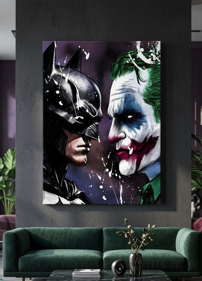 Œuvre graphique contemporaine célébrant l'affrontement légendaire entre Batman et Joker
