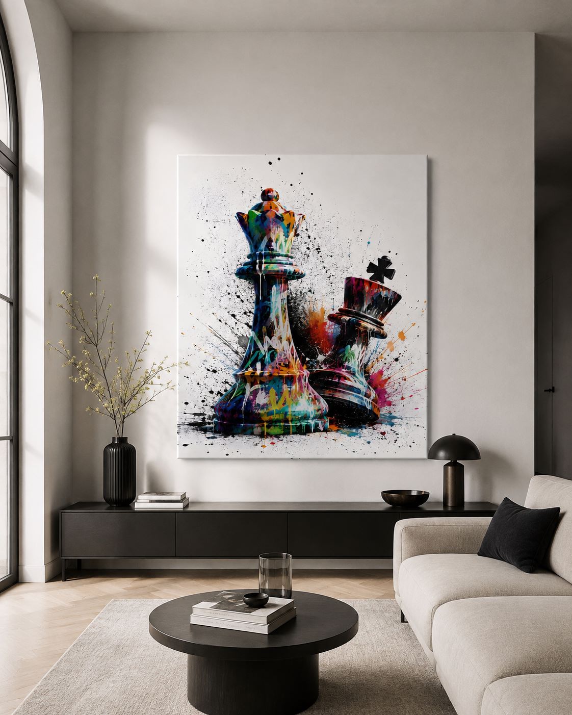 Tableau échecs street art roi et dame présenté dans un intérieur contemporain graphique aux tonalités neutres
