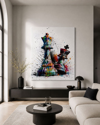 Tableau échecs street art roi et dame présenté dans un intérieur contemporain graphique aux tonalités neutres
