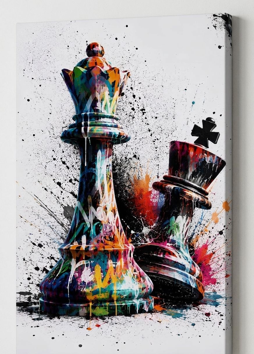 Tableau échecs street art vu de profil avec dame et roi colorés, coulures et projections de peinture
