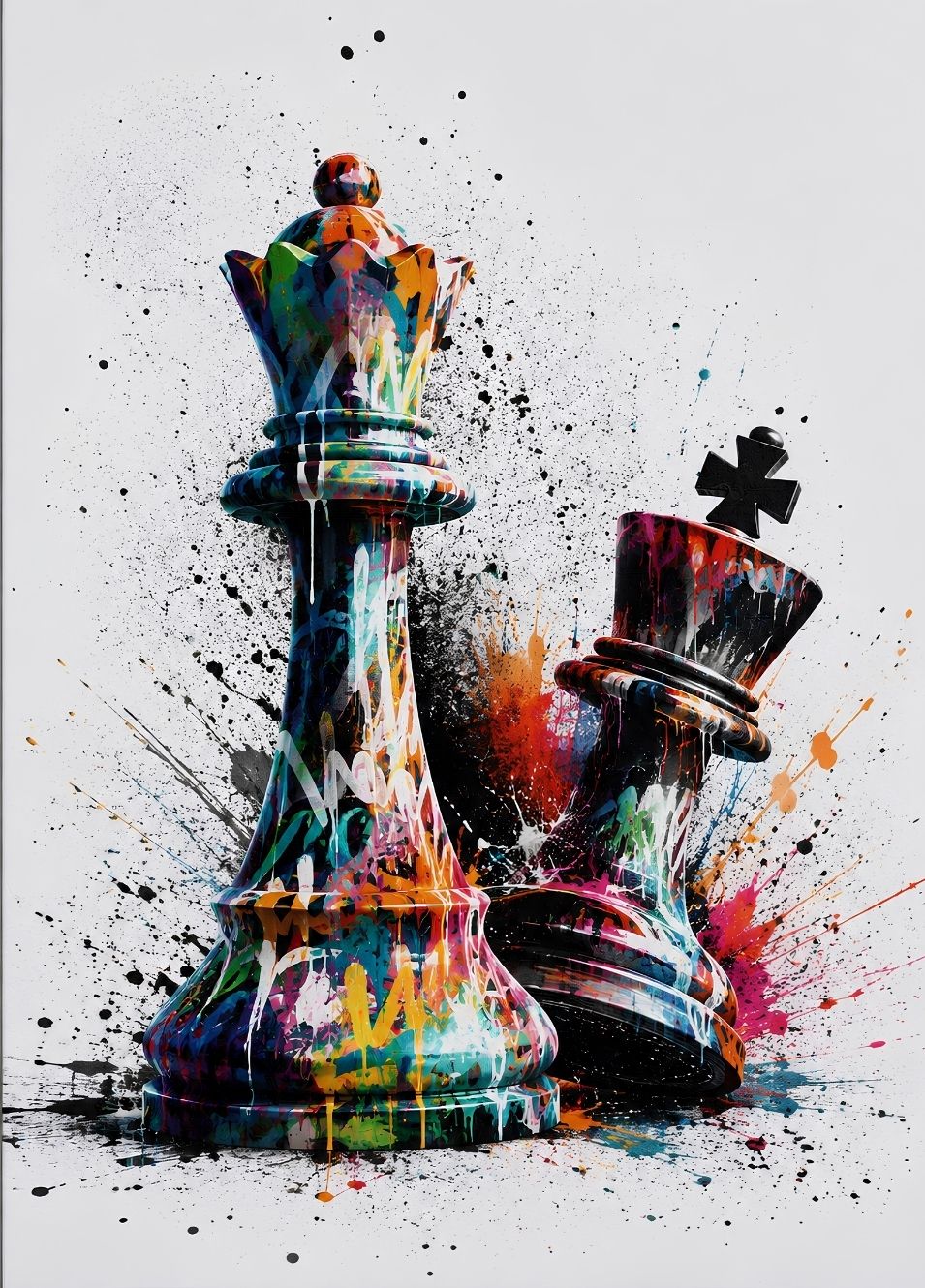 Tableau échecs représentant une dame et un roi recouverts de peinture street art multicolore avec projections sur fond blanc
