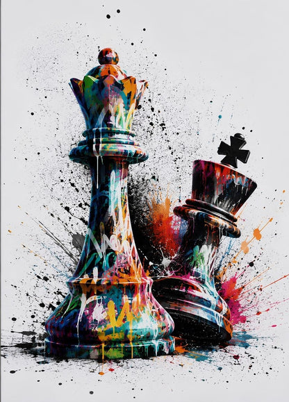 Tableau échecs représentant une dame et un roi recouverts de peinture street art multicolore avec projections sur fond blanc
