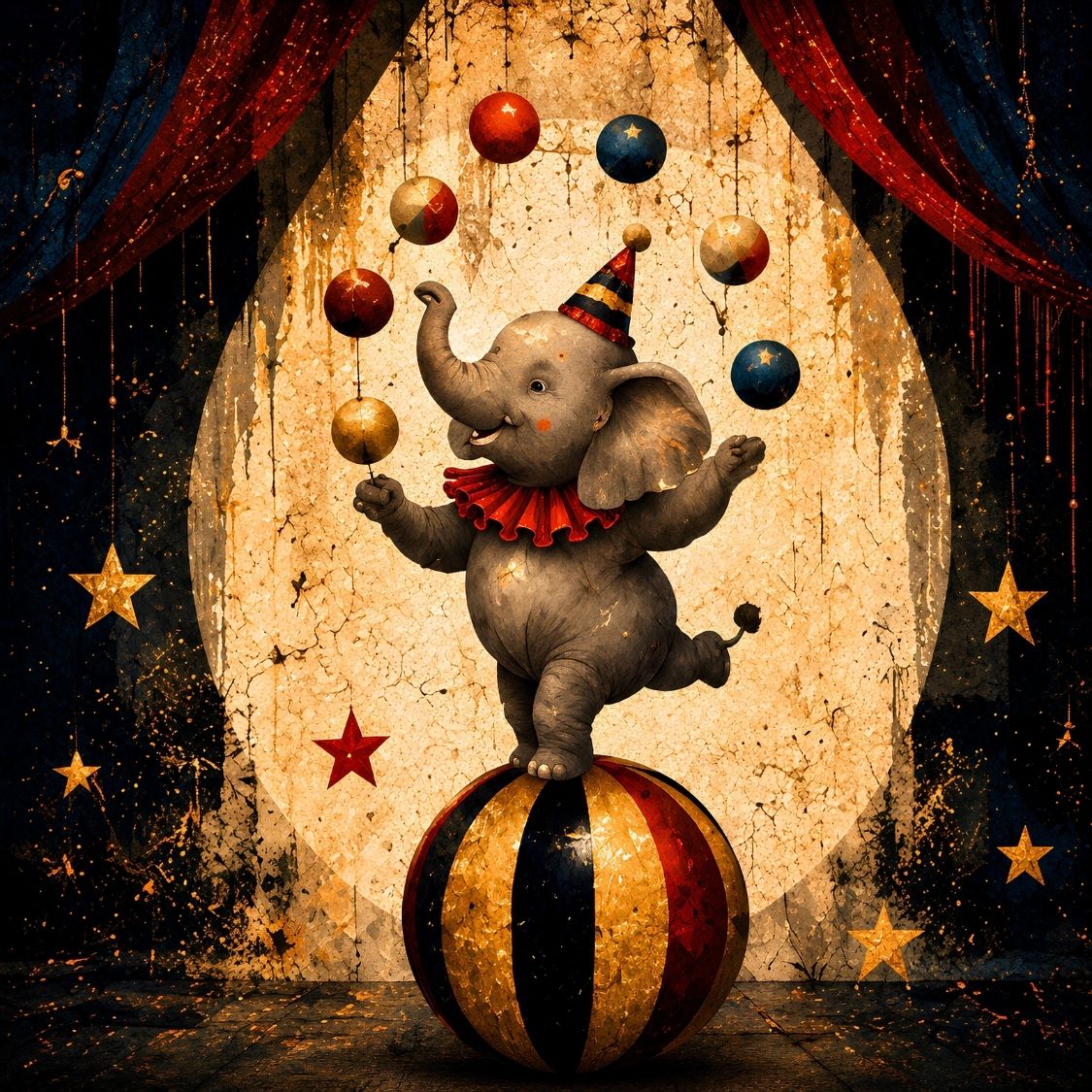 Tableau représentant un éléphant du cirque en équilibre sur un ballon rayé, jonglant sous un chapiteau vintage entouré d'étoiles dorées dans une ambiance Circus Chic idéale pour une chambre d'enfant.
