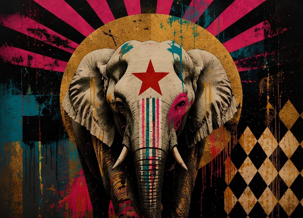 Tableau éléphant cirque vintage avec étoile rouge, motifs d'arlequin et couleurs fuchsia, turquoise et or.
