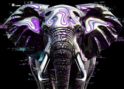 Éléphant contemporain aux motifs numériques violets dans une interprétation futuriste spectaculaire
