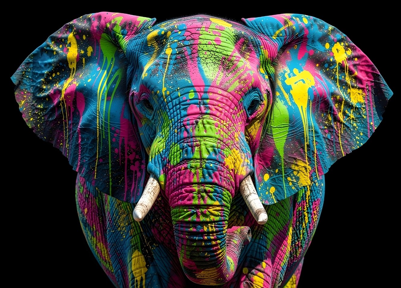 Tableau éléphant pop art coloré avec projections de peinture street art moderne et fond noir
