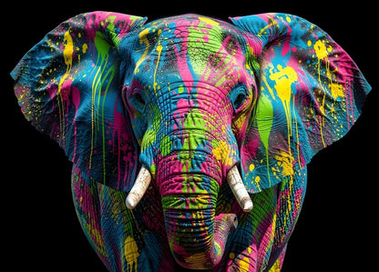 Tableau éléphant pop art coloré avec projections de peinture street art moderne et fond noir
