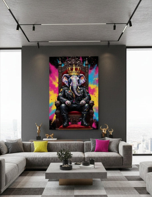 Tableau éléphant pop art en situation dans un intérieur contemporain