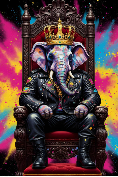 Tableau pop art représentant un éléphant assis sur un trône
