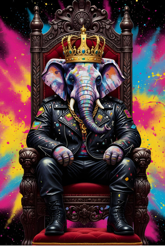 Tableau pop art représentant un éléphant assis sur un trône