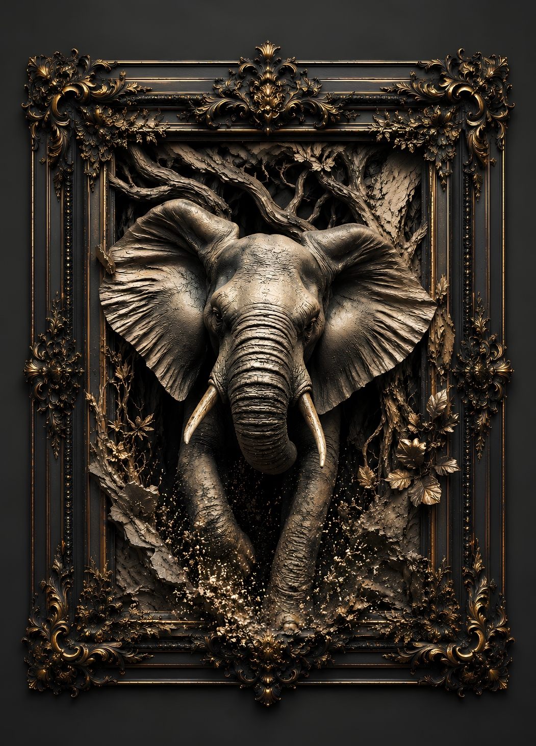 Tableau éléphant contemporain noir et or avec cadre baroque sculptural luxueux
