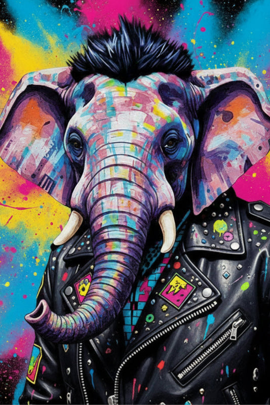 Tableau street art représentant un éléphant en manteau de cuir