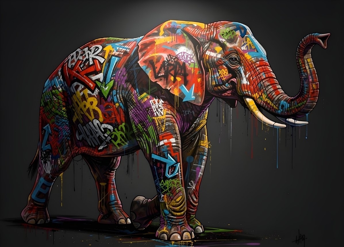 Tableau éléphant street art graffiti avec tags urbains et couleurs pop art contemporaines
