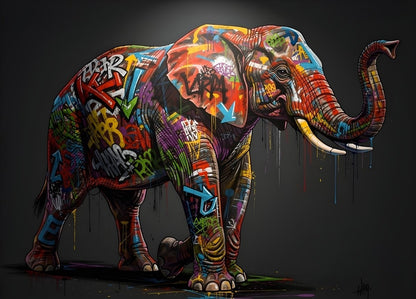 Tableau éléphant street art graffiti avec tags urbains et couleurs pop art contemporaines
