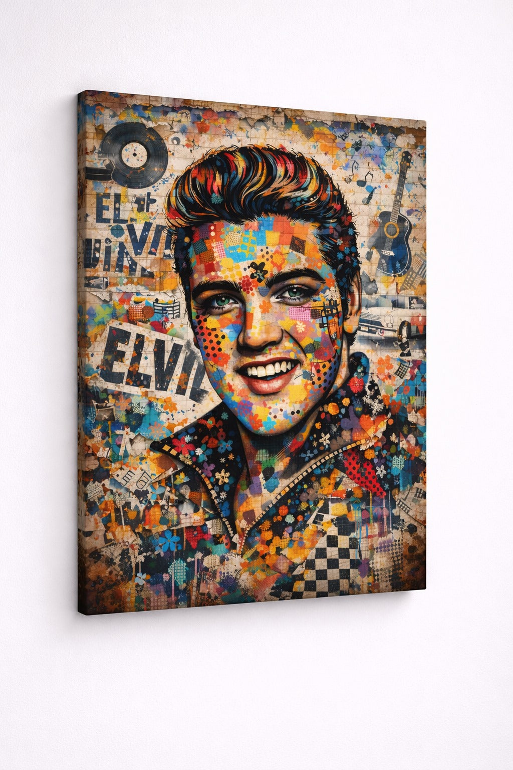 Elvis style street art avec motifs musique et énergie rock
