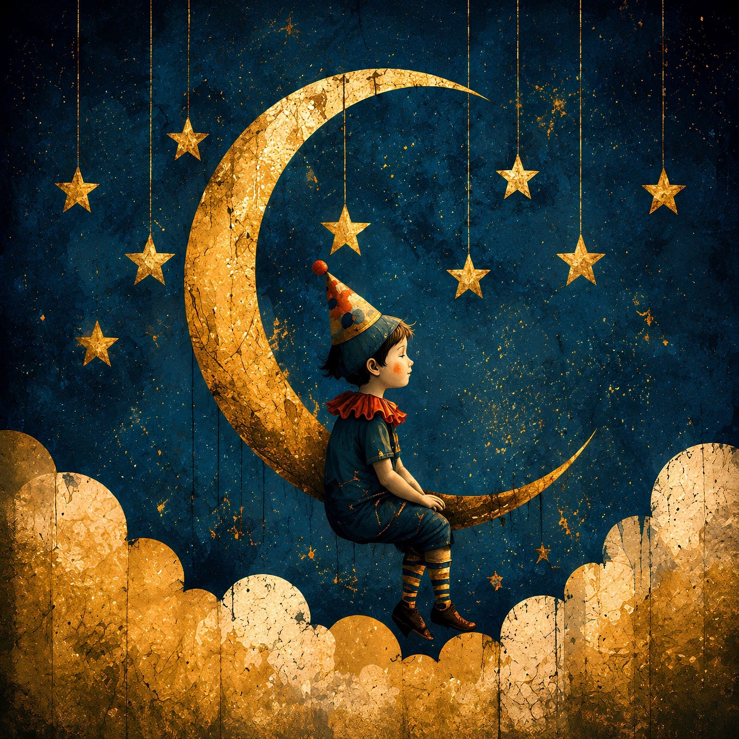 Tableau enfant cirque représentant un petit artiste assis sur une lune dorée entourée d'étoiles suspendues dans un ciel bleu profond à l'ambiance poétique vintage pour chambre d'enfant

