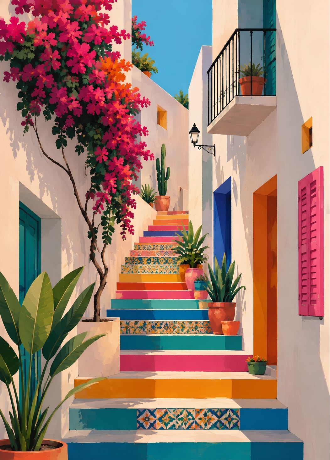 Tableau escalier méditerranéen coloré avec façades blanches, fleurs et marches multicolores
