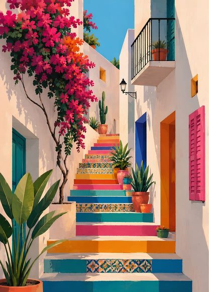 Tableau escalier méditerranéen coloré avec façades blanches, fleurs et marches multicolores
