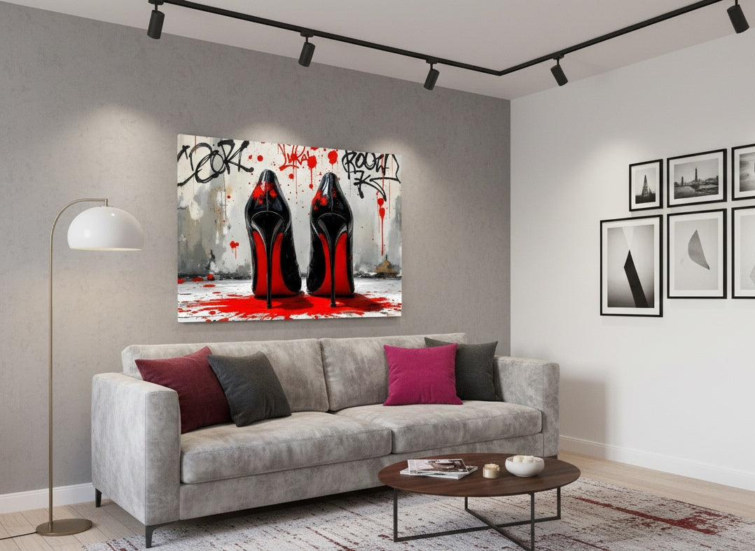 Décoration murale d'un tableau pop art escarpins rouges noir style street art
