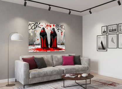 Décoration murale d'un tableau pop art escarpins rouges noir style street art
