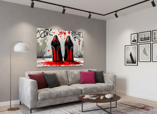 Décoration murale d'un tableau pop art escarpins rouges noir style street art
