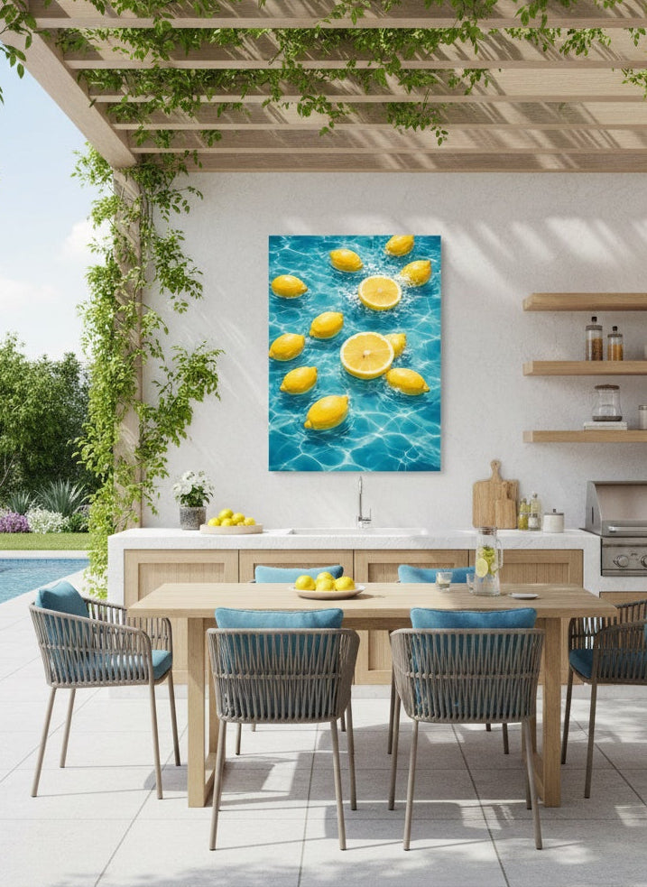 Tableau design estival avec reflets d’eau et agrumes, ambiance maison de vacances méditerranéenne
