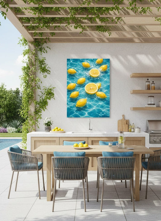 Tableau design estival avec reflets d’eau et agrumes, ambiance maison de vacances méditerranéenne
