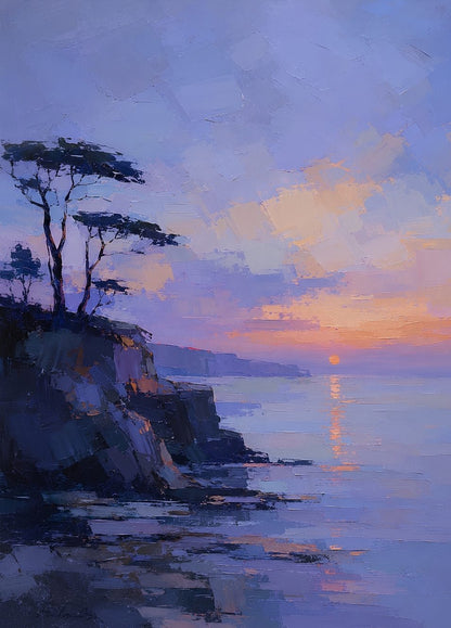 Falaise côtière surplombant une mer calme illuminée par un coucher de soleil aux couleurs pastel
