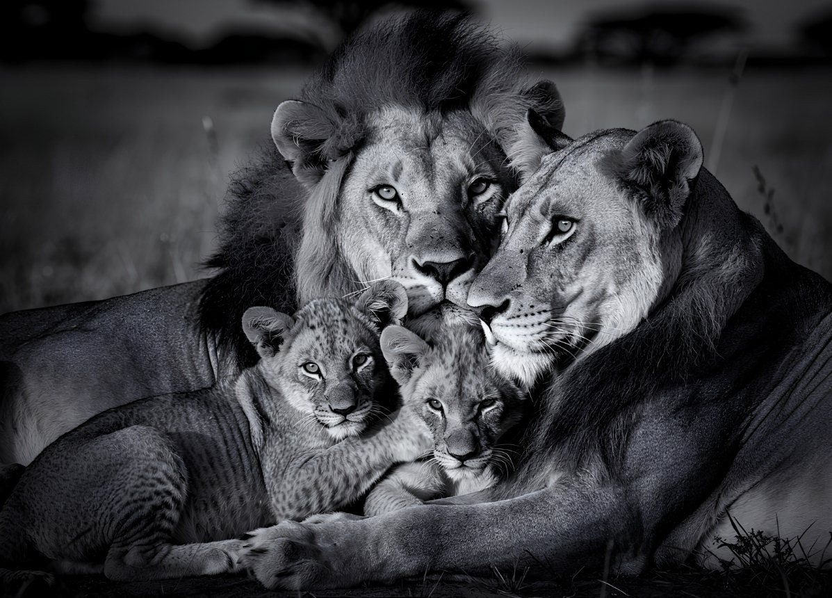 Tableau famille lion noir et blanc avec lionne lion et lionceaux dans portrait animalier contemporain
