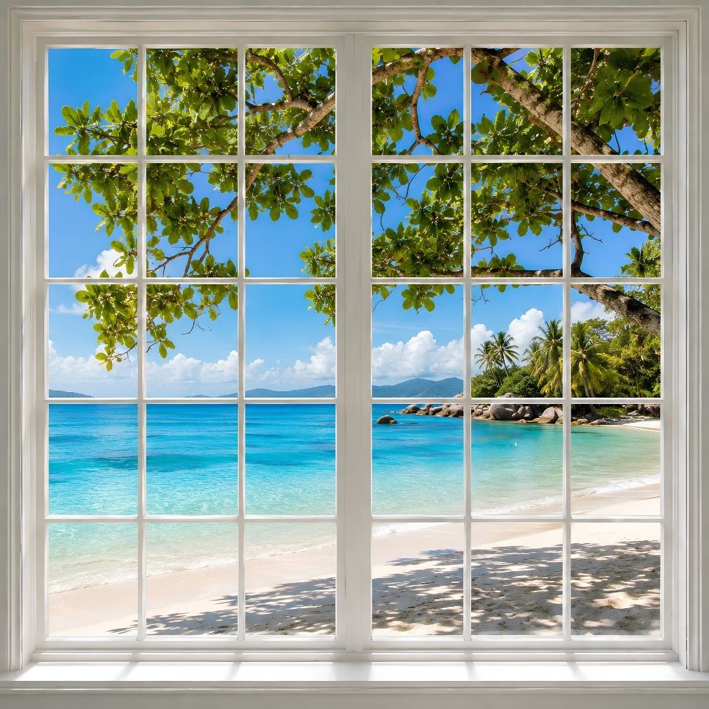 Tableau fausse fenêtre avec vue sur une plage tropicale
