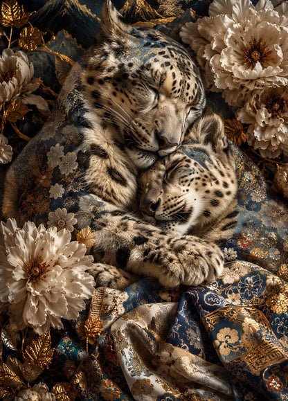 Deux félins sauvages enlacés dans un univers floral raffiné aux détails luxueux et poétiques
