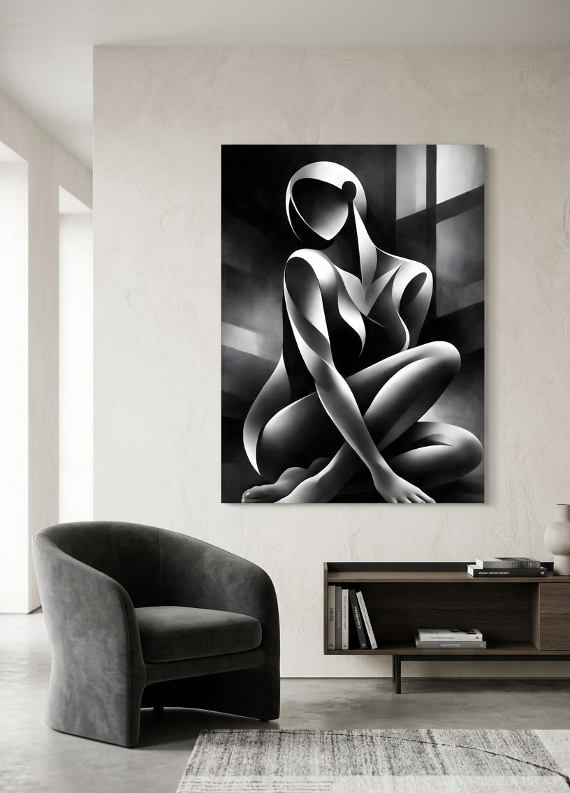 Tableau femme abstraite noir blanc accroché dans salon moderne décoration murale design
