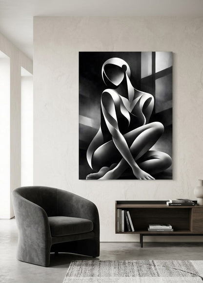 Tableau femme abstraite noir blanc accroché dans salon moderne décoration murale design
