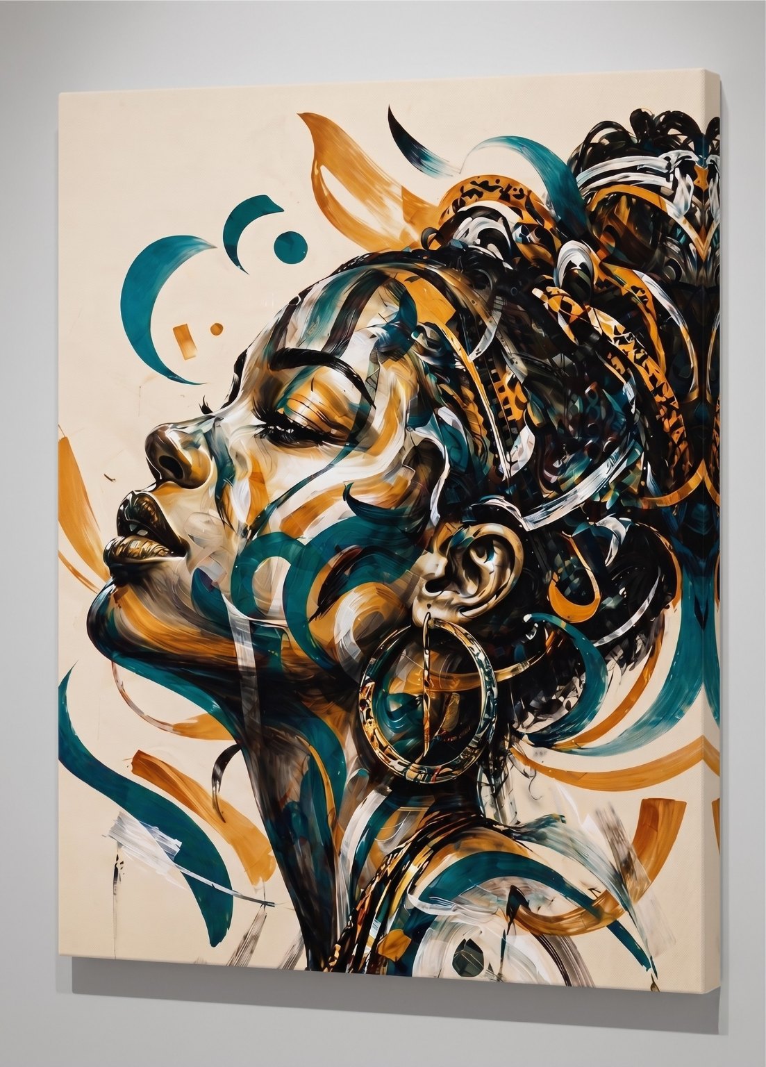 Portrait femme afro moderne avec composition artistique abstraite et élégante
