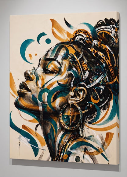 Portrait femme afro moderne avec composition artistique abstraite et élégante
