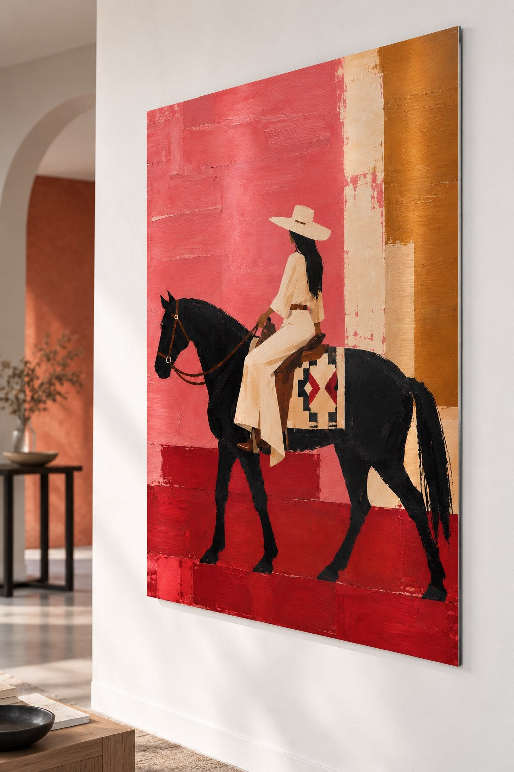 Tableau cavalière et cheval noir sur aluminium brossé, création figurative rose, ocre et terracotta
