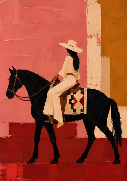Tableau femme à cheval Western Élégance, cavalière en tenue blanche sur cheval noir, fond rose et terracotta

