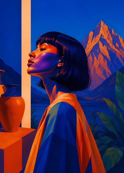 Tableau femme chic représentant une silhouette élégante face à un paysage lumineux d'inspiration méditerranéenne.
