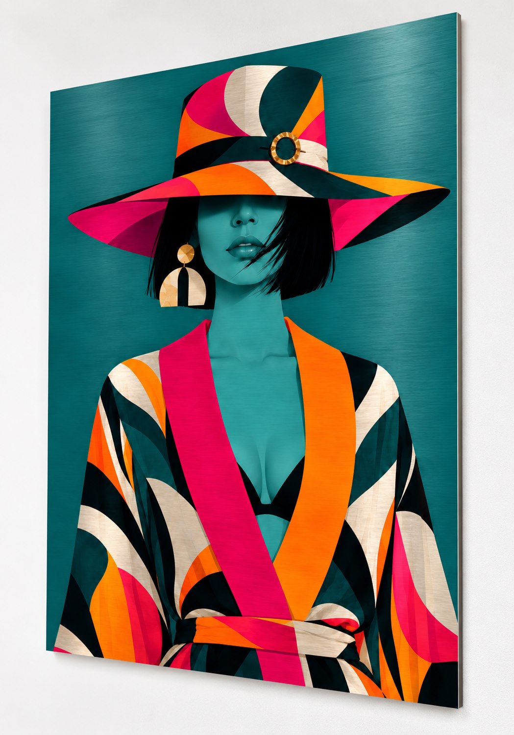 Vue du tableau femme Riviera Muse imprimé sur aluminium brossé 2 mm, avec un rendu contemporain qui souligne les contrastes du portrait, les motifs graphiques du chapeau et les couleurs turquoise, fuchsia, orange, crème et noir.
