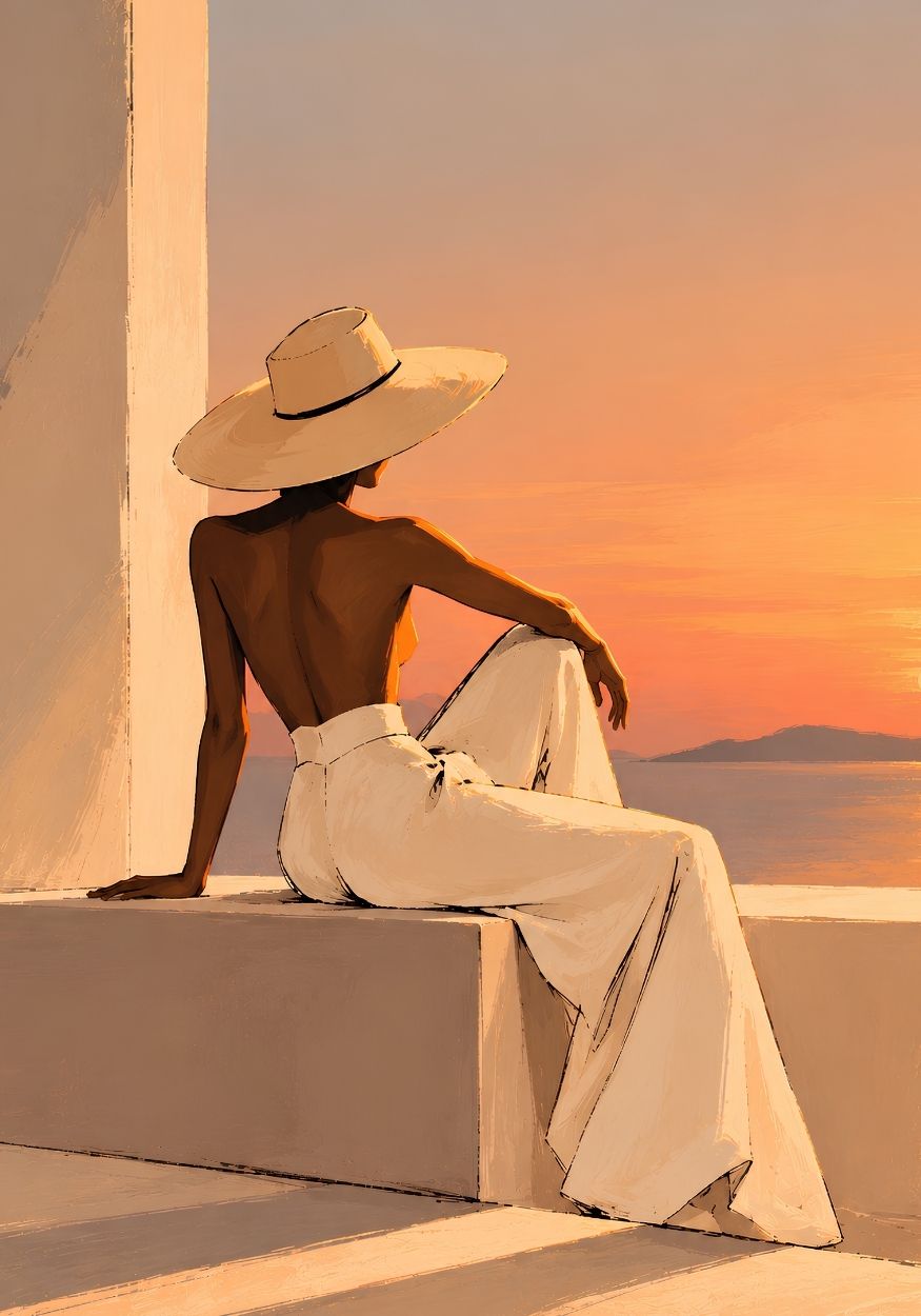 Tableau femme contemporain L'Horizon pour Soi, silhouette féminine au chapeau blanc contemplant la mer au coucher du soleil
