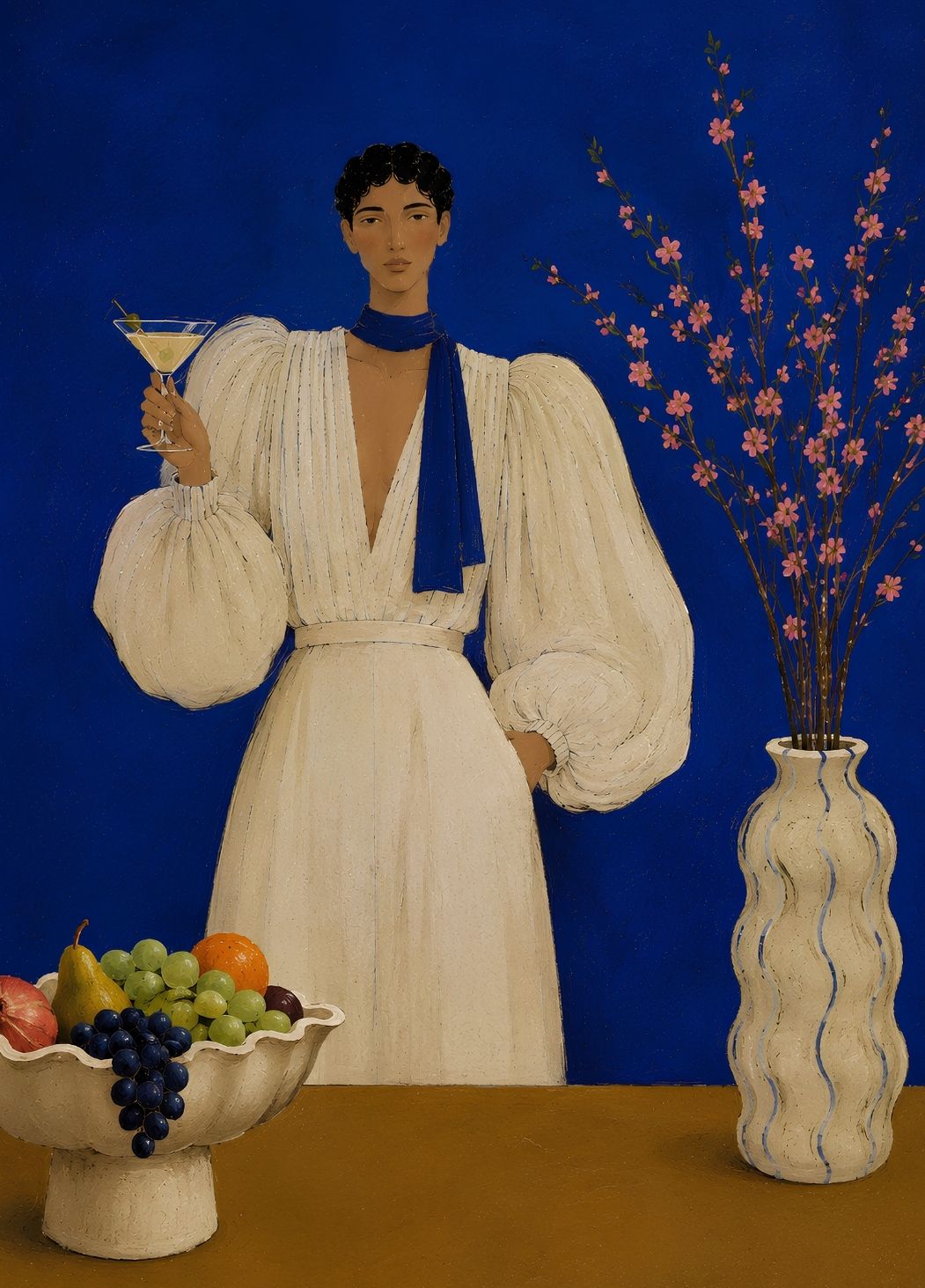 Tableau femme contemporaine en robe ivoire sur fond bleu profond

