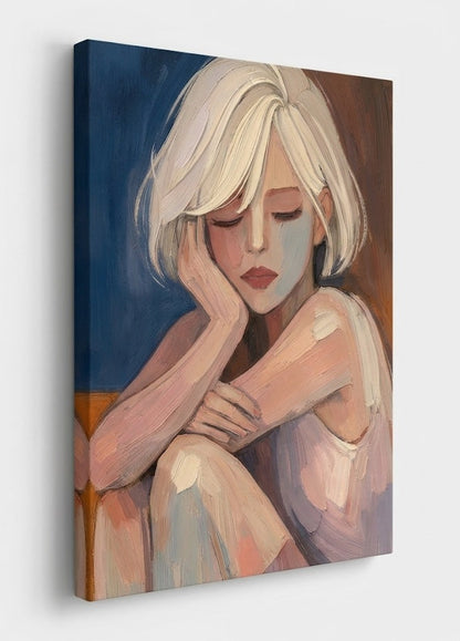 Tableau femme contemporaine assise avec expression poétique et peinture texturée
