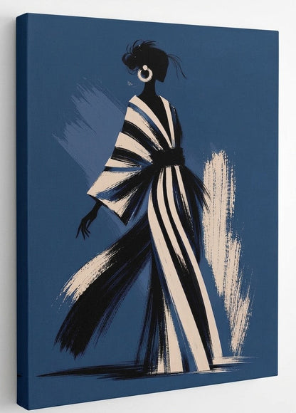 Vue de profil sur toile du tableau femme élégance couture bleu nuit aux contrastes graphiques raffinés
