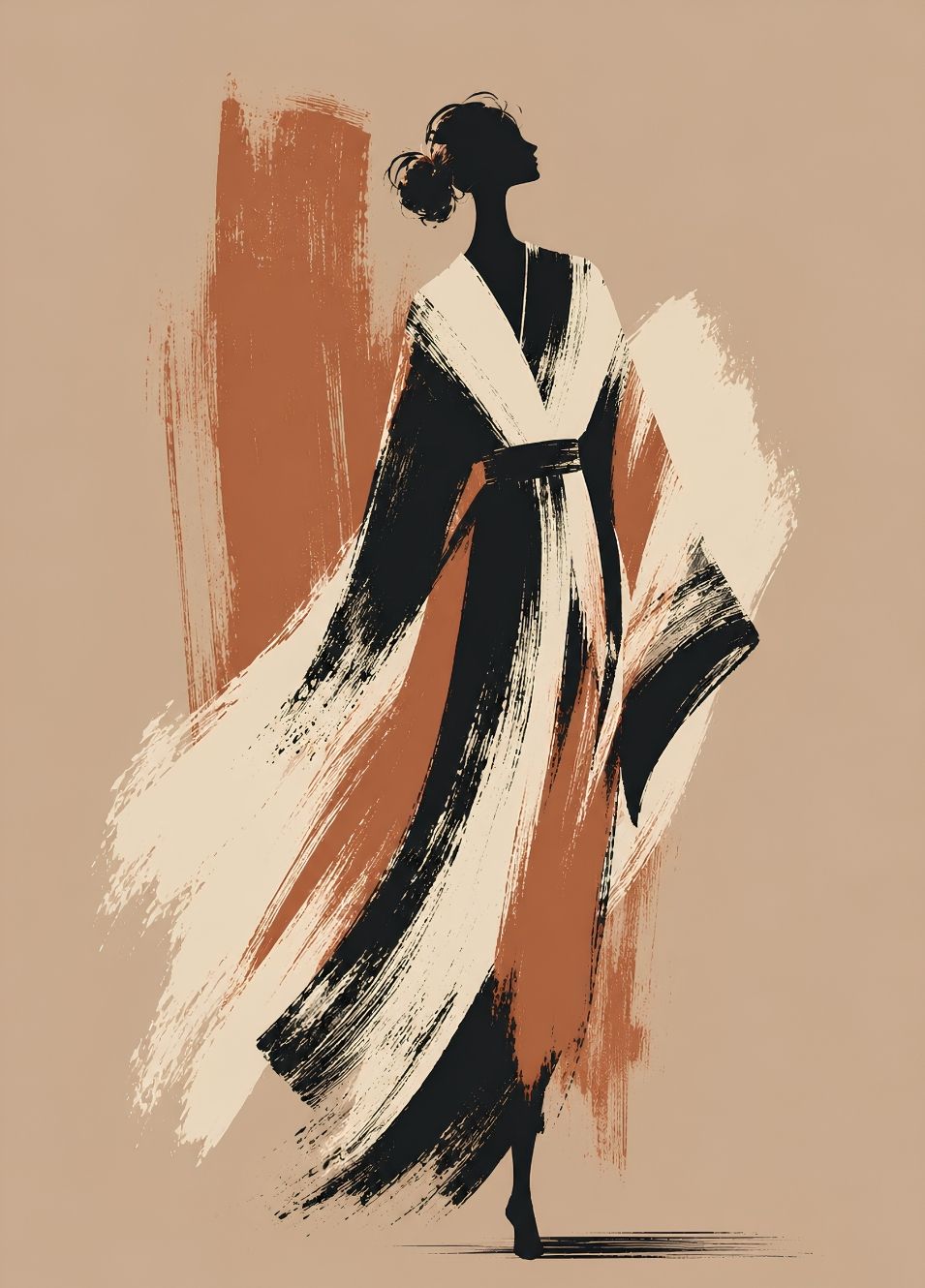Tableau femme contemporain représentant une silhouette élégante dans un style mode minimaliste aux tons terracotta
