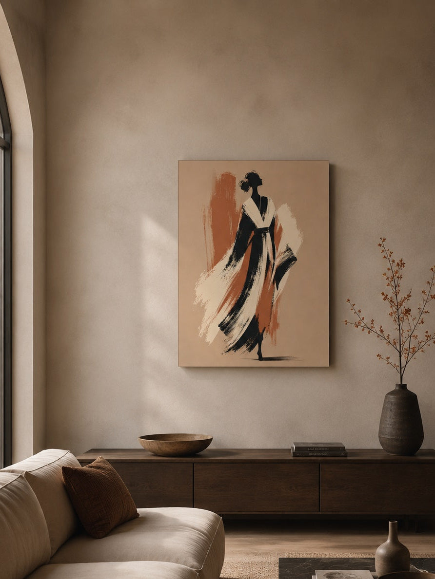 Tableau femme contemporain installé dans un salon moderne avec décoration murale élégante et chaleureuse
