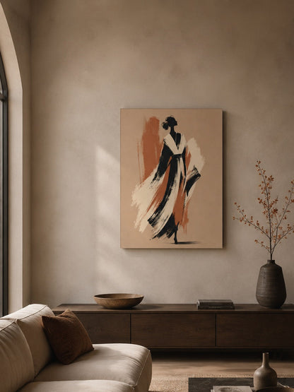 Tableau femme contemporain installé dans un salon moderne avec décoration murale élégante et chaleureuse
