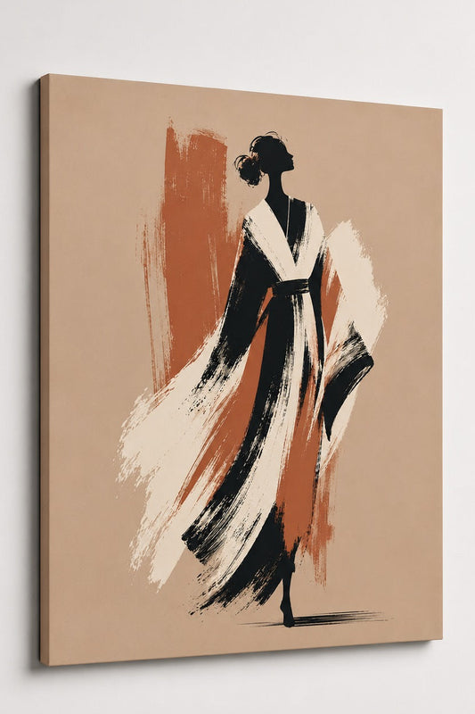 Vue de profil sur toile du tableau femme couture minimaliste terracotta avec finitions artistiques raffinées
