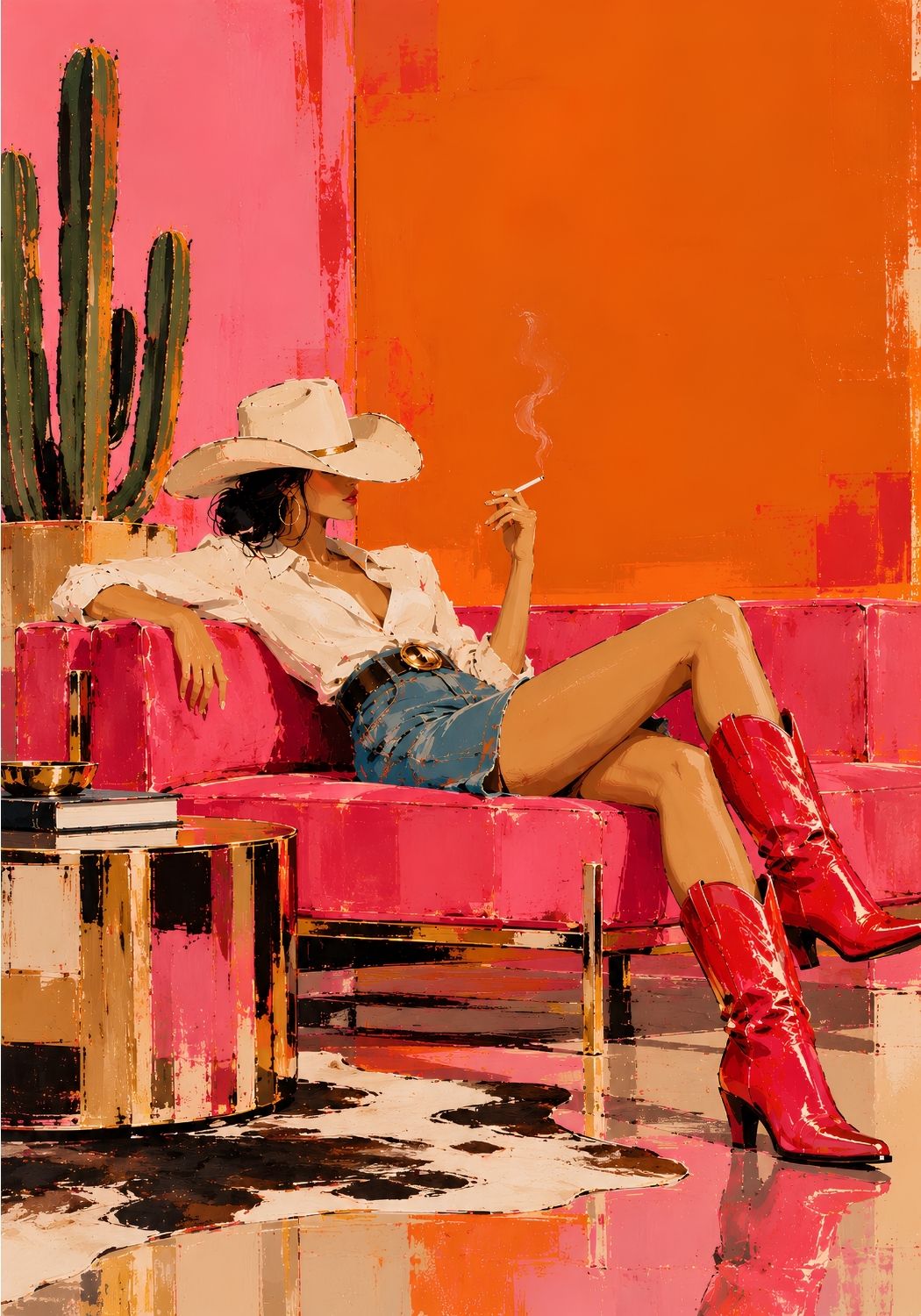 Tableau femme cowgirl moderne, chapeau western blanc, bottes rouges et canapé rose sur fond orange
